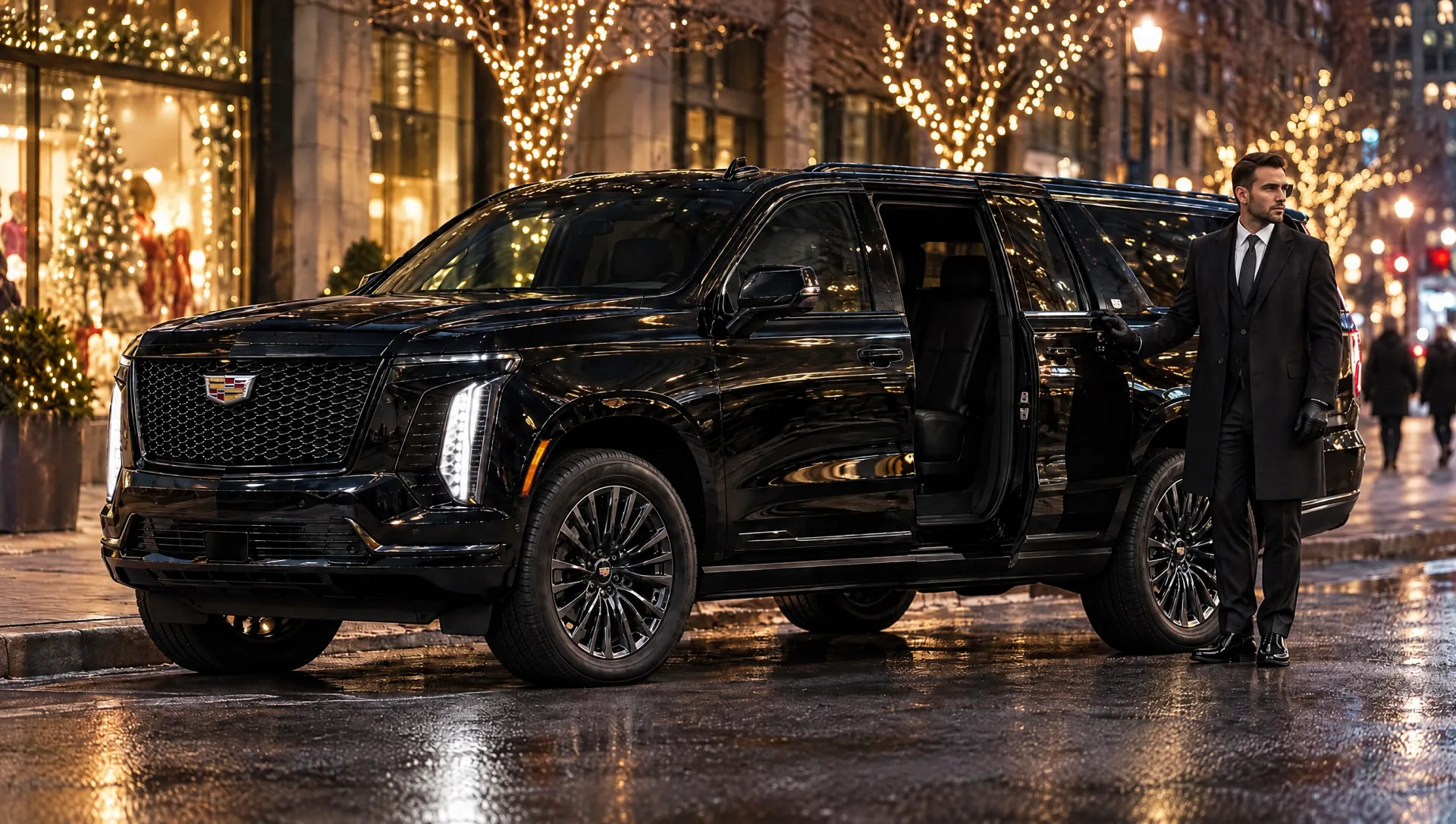 Chauffeur beside a black 2025 Cadillac Escalade ESV on a Manhattan street with holiday lights