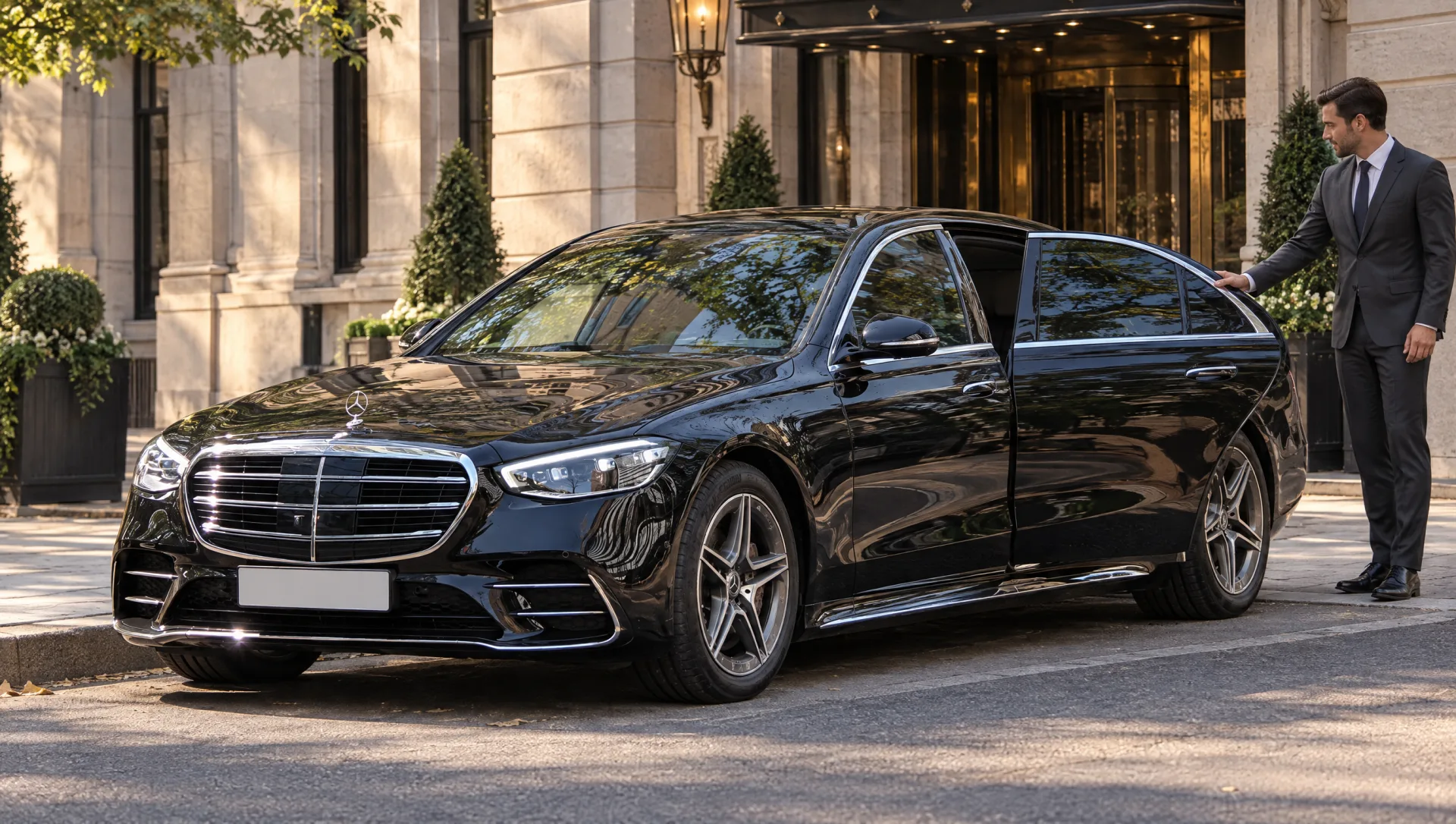 Chauffeur beside a black 2025 Mercedes-Benz S-Class at a Manhattan hotel entrance