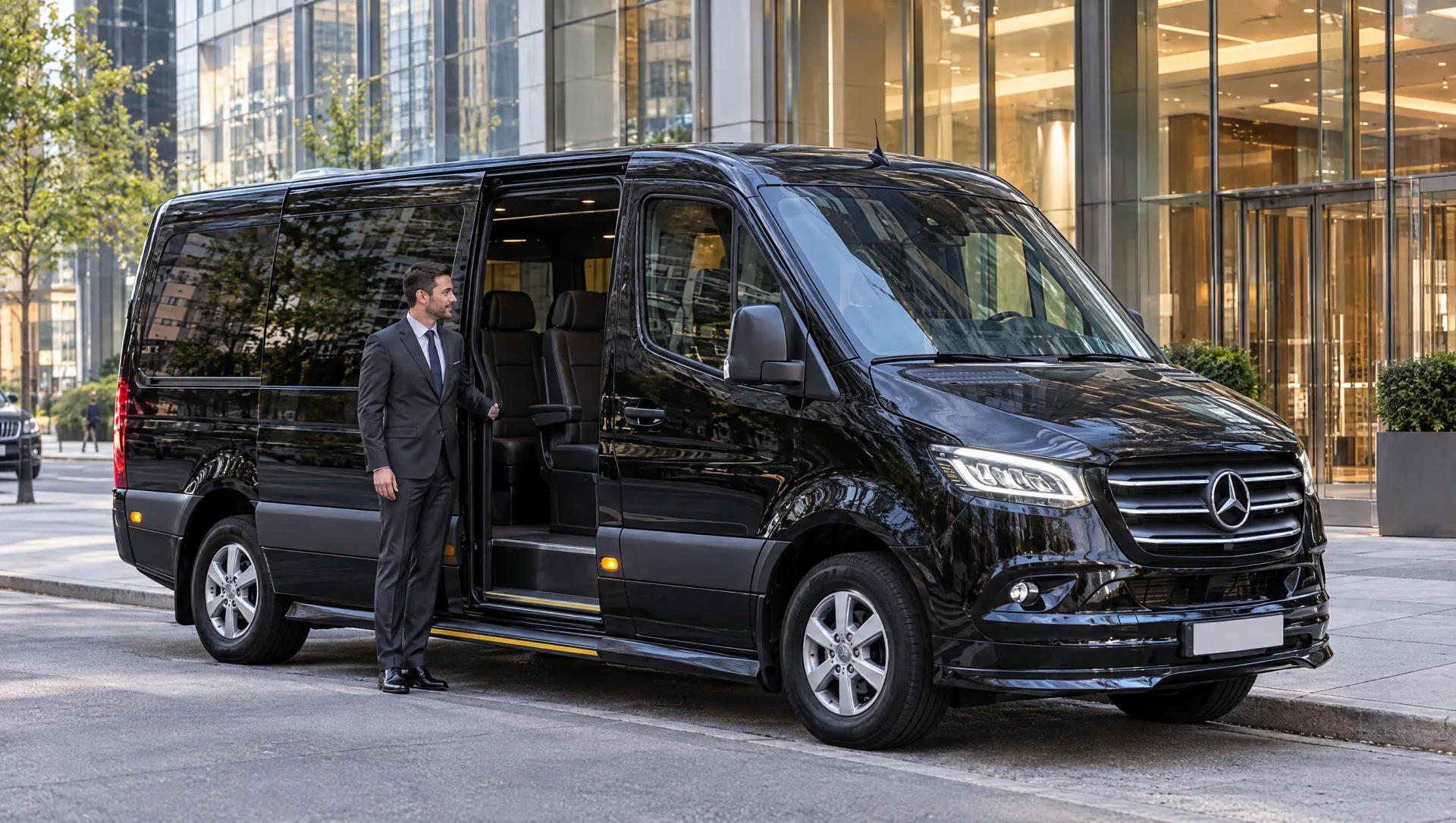 Chauffeur beside a black 2025 Mercedes-Benz Sprinter at an office lobby entrance