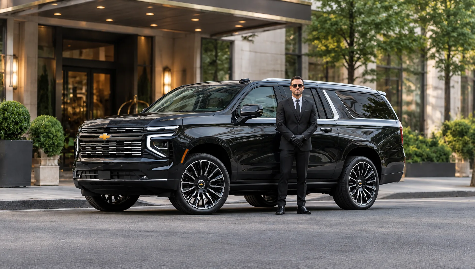 Chauffeur beside a black 2025 Chevrolet Suburban at a hotel entrance
